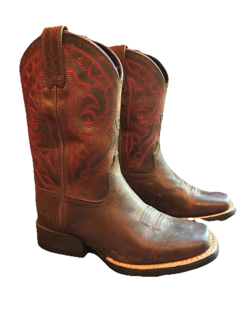 Ariat Kids Brown Leather QuickDraw Cowboy Boots w Red Stitching, Sz 10.5
